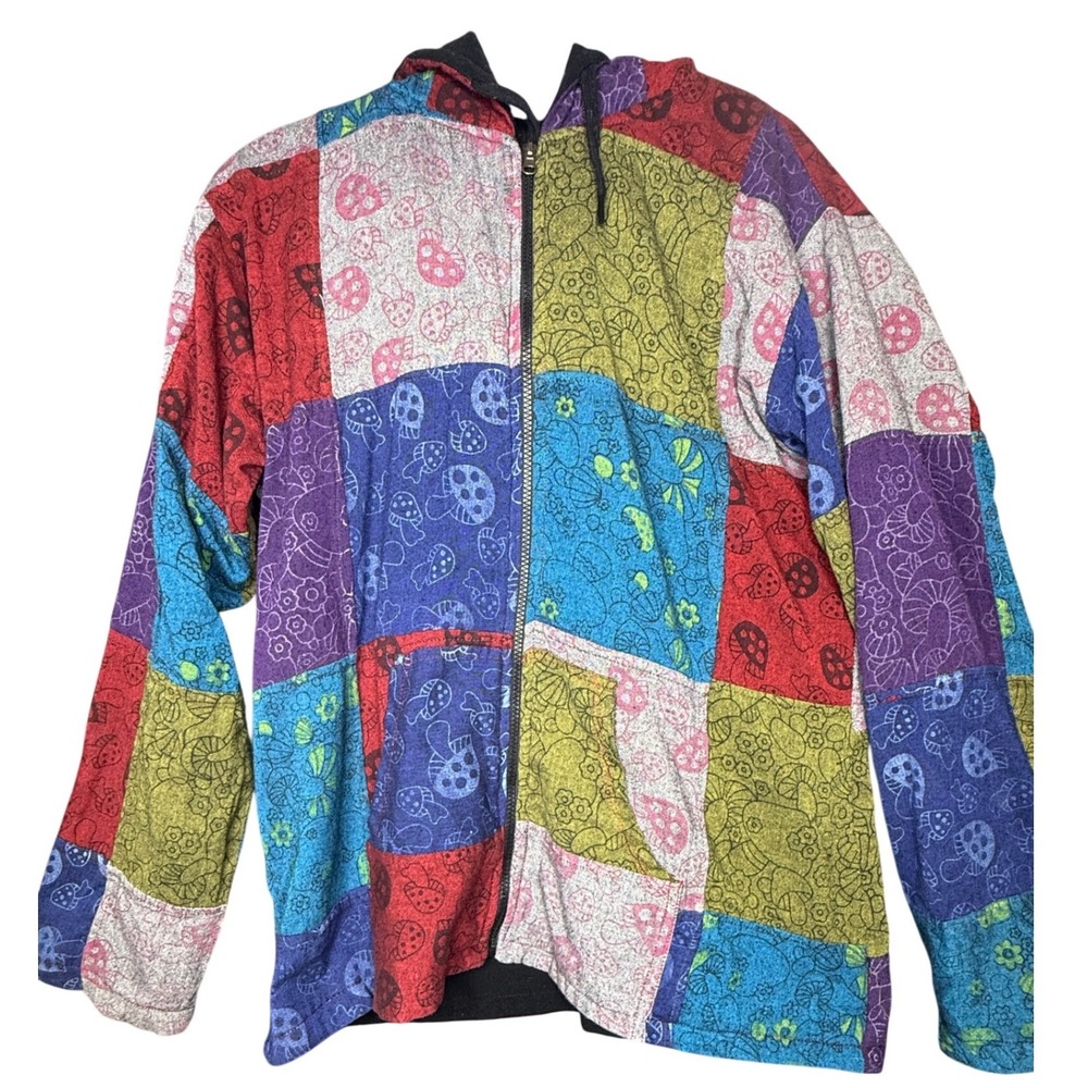 Multicolor Patchwork Mushroom Print Fleece Lined Zip Up Hoodie Nepal L/XL
